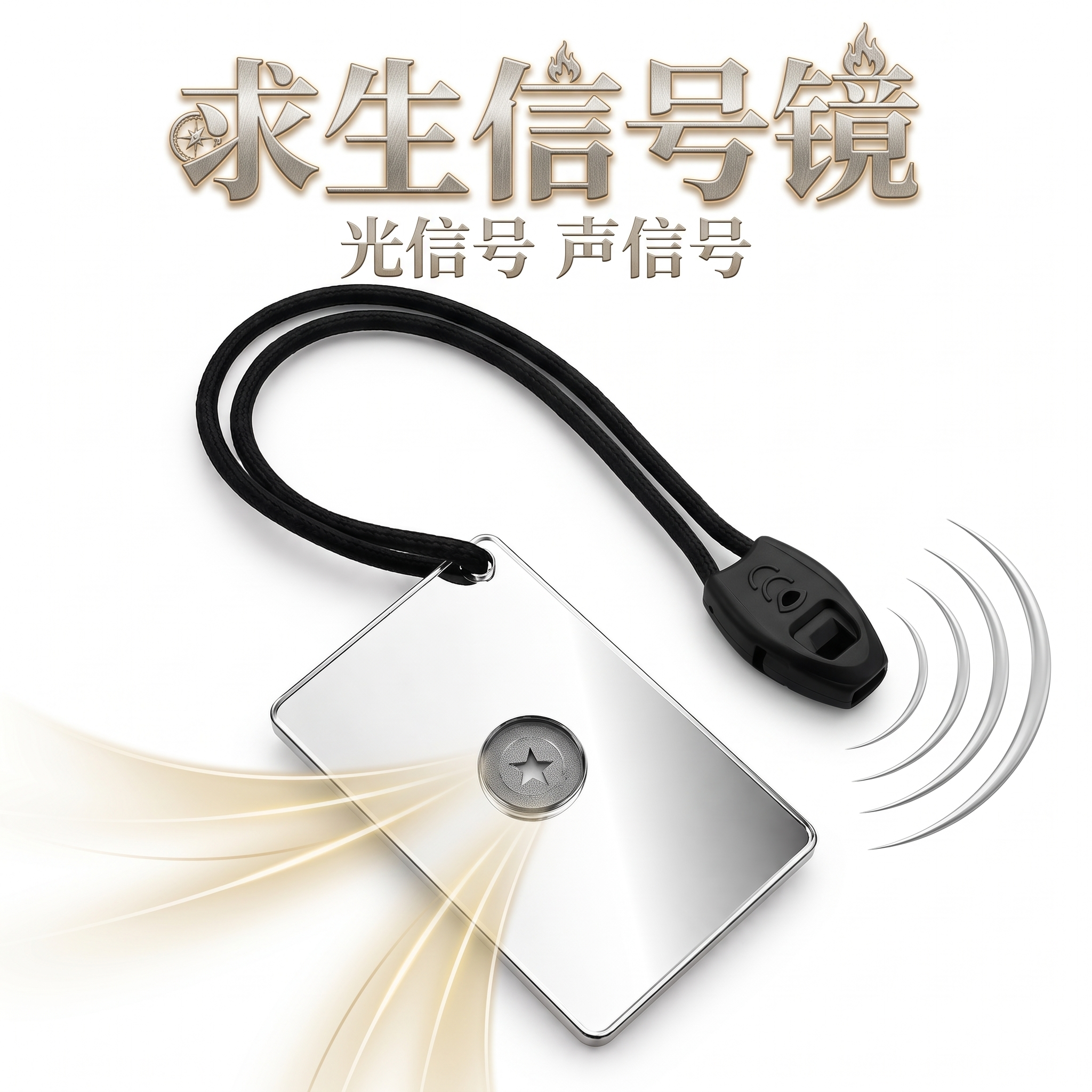 加一个标题“求生信号镜”，副标题写“光信号 声信号”，文字请做… - 图片创意预览
