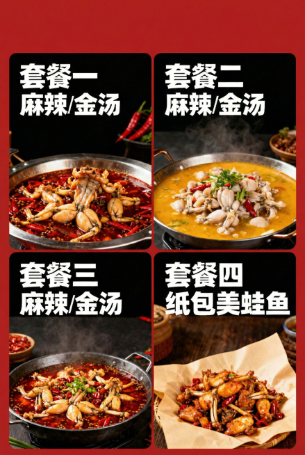 移除所有文字，仅保留四张美蛙鱼菜品图，按原排版分布在80cm*120cm竖版画布上预览效果