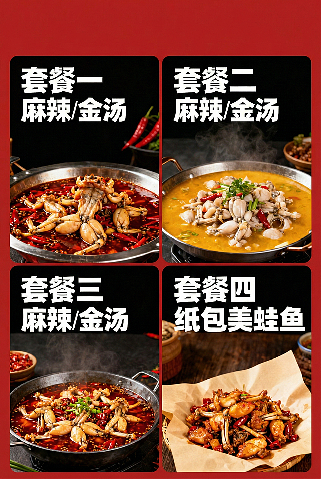移除所有文字，仅保留四张美蛙鱼菜品图，按原排版分布在80cm*120cm竖版画布上
