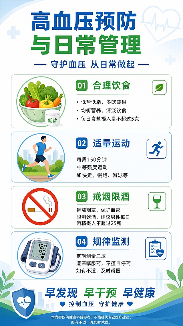 一张专业医疗科普信息图，主题为"高血压预防与日常管理"，竖版构图，适合手机阅读。整体风格清新专业，以蓝色和绿色为主色调，白色背景。顶部大标题文字"高血压预防与日常管理"，副标题"守护血压 从日常做起"。内容分为四个板块，每个板块配有图标和简短文字说明：1. 合理饮食：低盐低脂，多吃蔬果，配有蔬菜和低盐餐具图标；2. 适量运动：每周150分钟中等强度运动，配有跑步/运动人形图标；3. 戒烟限酒：远离烟草，限制饮酒，配有禁止吸烟图标；4. 规律监测：定期测量血压，遵医嘱服药，配有血压计图标。底部有温馨提示文字"早发现 早干预 早健康"。整体排版清晰，信息层级分明，医疗科普风格，专业可信，色彩和谐，画面干净整洁。