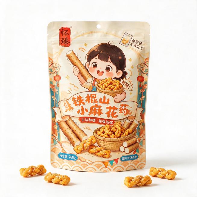 给我生成一张白底图：这个产品是零食包装，品牌是怀臻，产品叫铁棍山药小麻花，风格要求可爱预览效果