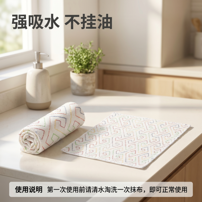 [主图 3] 厨房场景抹布主图，两款不同形状抹布并排摆放在干净浅色厨房台面上，卷状和方形展开抹布同时展示，左侧卷状右侧平铺，融入明亮整洁的厨房场景一角，台面简洁干净，背景虚化浅景深突出产品。保持两款抹预览效果