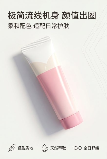 整体外观展示，护肤品软管产品，严格还原参考图产品包装、配色、LOGO、文字细节，精准复刻无偏差。产品比例1:1真实还原，米白色纯色柔光背景，左侧45°柔和自然光，主标题"极简流线机身 颜值出圈"左上居预览效果