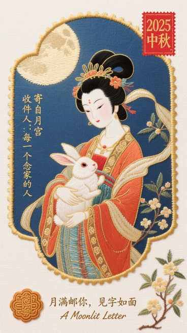 刺绣邮票风格中秋主题图片，泛黄做旧色调，主图嫦娥怀抱玉兔如绢布贴绣，边缘齿孔清晰，背景为宣纸纹理。主图框于金色绣线边栏内，上方邮戳盖“2025中秋”红色字样，左侧邮戳区文字“寄自月宫”“收件人：每一个预览效果