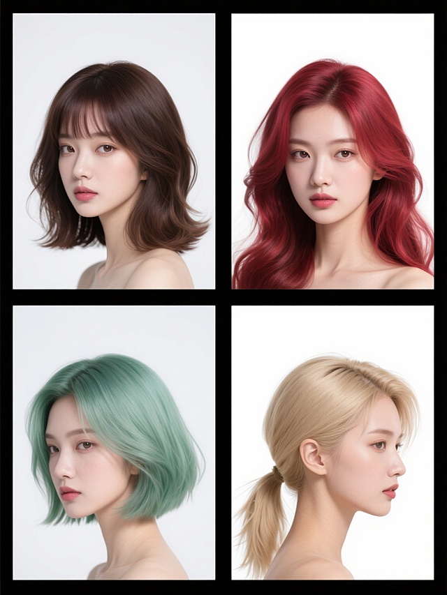 一组4款不同造型的女性发型设计集合，纯白色纯色背景，每张发型均保持原图像的高写实主义风格，展现出细腻的发丝纹理、自然的光影过渡和柔顺的发质质感，主色调分别为：深栗棕色微卷中长发配空气刘海、莓果红色波浪长卷发、薄荷绿色锁骨短发带层次感、香槟金色低马尾配碎发修饰，所有发型均为无面部的头部特写，以2x2网格形式规整排布，整体画面简洁干净，突出发型的细节和色彩变化，具有专业美发产品展示的设计感。