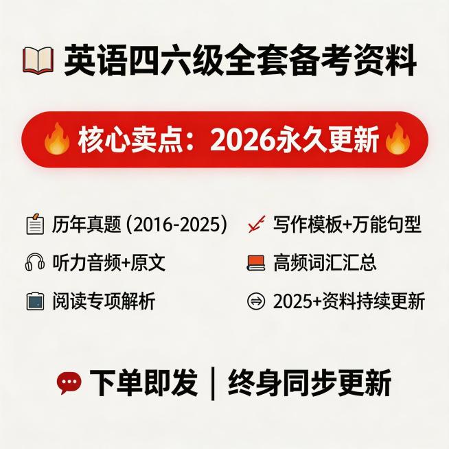 基于原图修改，将资料年限更新为2026年，保留原本淘宝1:1主图结构，四六级资料分享，直推风格，重点突出卖点"2026永久更新"，保持画面整体风格不变预览效果