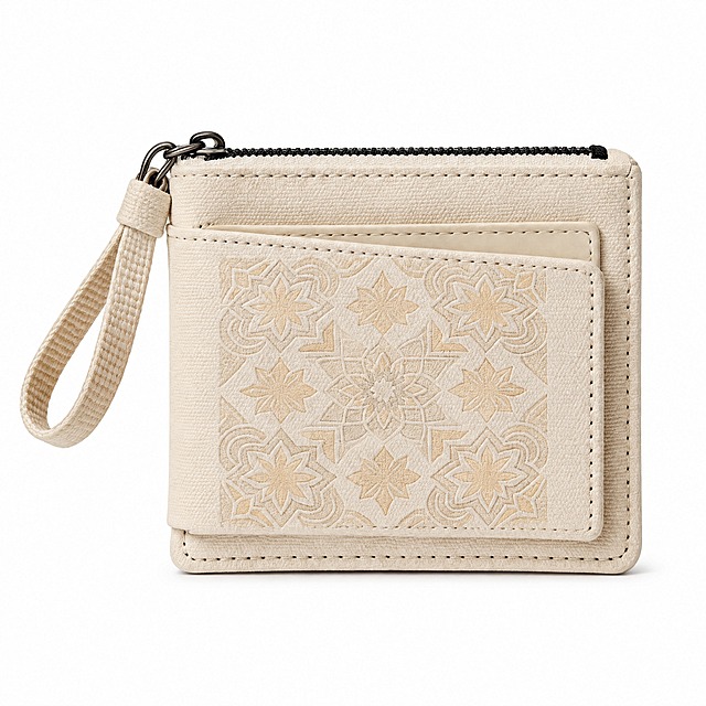 [主图-1] Moroccan Canvas Card Holder 的 Amazon 合规首图，唯一任务是让买家一眼看清商品主体。
[统一基调] 跨境 Amazon 极简高级商业摄影，纯白影棚背景，柔和自然光，真实帆布质感；标题字=现代无衬线粗体、深炭灰；说明字=同一无衬线字体常规字重、中暖灰；强调色=暖棕金，仅用于细线引线、图标与小标签。首图不加任何文字与装饰。
[画面] 1:1 正方形构图，画面中央为米白厚帆布拉链卡包正面，卡包完整不切割不裁边，产品占画面 85% 以上；包身左侧露出与包身同材质的米白织带手腕挂绳，黑色五金拉链头位于上方，正面下部为外置卡位口袋，卡包表面有低调的摩洛哥几何暗压纹；视角为正面略带俯视的商品摄影视角；严格保持 【图1】 中卡包的米白帆布材质、黑色拉链、织带挂绳、卡位口袋、暗压纹与包身比例，不新增结构、不改变颜色与形状，去除原图左上与右下角的水印字样。
[光影质感] 影棚白底柔光，均匀顶光加轻微前侧光，包身下缘有干净接触影，帆布织纹与黑色车线清晰可见。
[配色] 纯白背景（RGB 255 255 255），画面只有卡包主体，无环境色、无道具。
[文字版式] 首图不加任何文字、图标、边框、道具与装饰。
[输出要求] 比例 1:1 正方形，2048x2048；产品边缘清晰、无白底残留脏污、无形变、无错字、无水印、无平台 Logo、无多余手指。