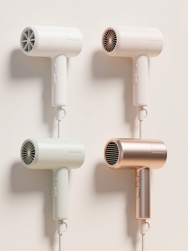 一组4个不同配色、不同样式、不同材质的吹风机造型，符合现实逻辑，浅色背景，上下两行对齐排列，3D渲染，极简主义风格，主色调为白色搭配其他淡雅色彩，柔和均匀的光影效果，高光表现细腻，表面光滑质感，金属与塑料材质对比明显，吹风机细节清晰，包括出风口格栅、开关按钮、手柄设计，整体构图对称平衡，视觉层级分明，信息传达简洁高效，具有现代产品设计感。