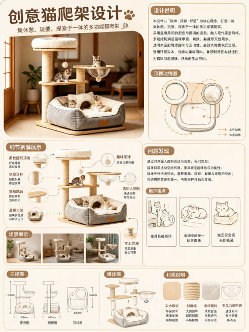专业竞赛风猫爬架产品设计展板，暖米色背景，简约手绘风格，浅棕米白配色，整体排版专业整洁
保留参考图版式骨架：
顶部区域放置主标题"创意猫爬架设计"和猫爬架主效果图，猫爬架100%还原上传图1的外形、结预览效果