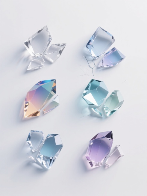 六组不同样式、不同颜色、不同碎裂程度的水晶碎片，白色背景，排列整齐，具有透明质感和渐变色彩，边缘锐利，表面光滑，带有轻微的反光效果，呈现出精致的3D渲染风格，整体画面简洁干净，视觉层次分明。预览效果