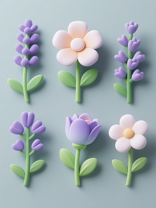 六个规整排布的3D立体花朵素材，包含薰衣草及其他不同品种花卉，每朵花都具有平滑的3D渐变质感，花瓣层次分明，绿色花茎和叶片细节清晰，整体造型精致，放置于纯色背景上，无任何文字、logo或水印