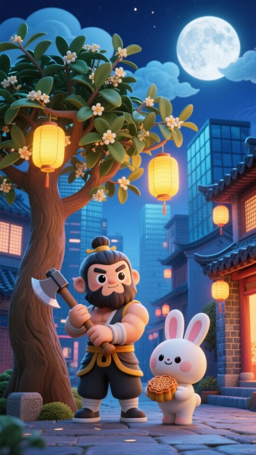 Q 版吴刚扛着小斧头站在桂树下，树上挂着发光灯笼，身旁 Q 版玉兔抱着月饼，下方是青砖黛瓦古街与玻璃幕墙写字楼交错，背景是挂着祥云的满月夜空预览效果