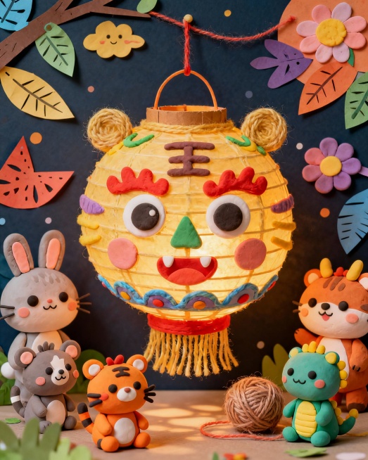 生成一幅儿童创意画，主题是灯笼，画面元素多元，采用剪纸、超轻黏土、毛线等材质。灯笼的设计是童趣的富有想象力预览效果