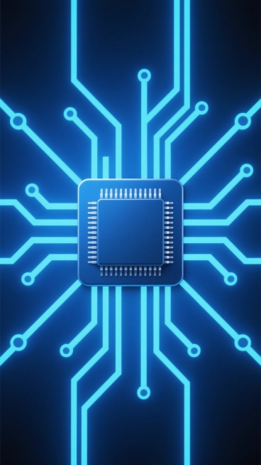 深蓝色渐变背景上，中央为一块方形微芯片，四周延伸出多条蓝色发光电路线条，线条上点缀着小圆点，整体呈现出科技感十足的电路板主题，采用数字艺术风格，光影运用强调电路的发光效果，营造出神秘而先进的氛围，电路布局呈对称放射状，视觉焦点集中在中央芯片，具有清晰的视觉层级和信息传达效率，符合科技主题海报的设计感。预览效果