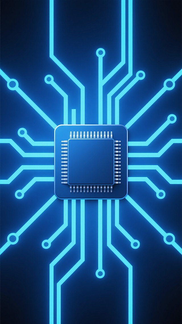 深蓝色渐变背景上，中央为一块方形微芯片，四周延伸出多条蓝色发光电路线条，线条上点缀着小圆点，整体呈现出科技感十足的电路板主题，采用数字艺术风格，光影运用强调电路的发光效果，营造出神秘而先进的氛围，电路布局呈对称放射状，视觉焦点集中在中央芯片，具有清晰的视觉层级和信息传达效率，符合科技主题海报的设计感。