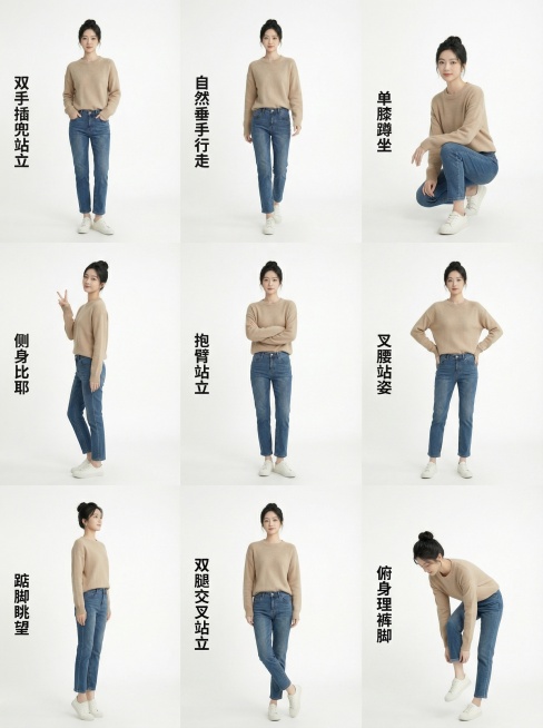简约日常风，高盘丸子头带碎发修饰的温婉清新女生，3×3网格排列9种全姿态动作，均完整展示脚腿，每个动作旁标注：双手插兜站立、自然垂手行走、单膝蹲坐、侧身比耶、抱臂站立、叉腰站姿、踮脚眺望、双腿交叉站立预览效果