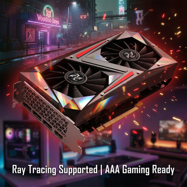 RX 6600 XT graphics card, black and red color scheme, 45-degree top-down angle, semi-transparent AAA预览效果