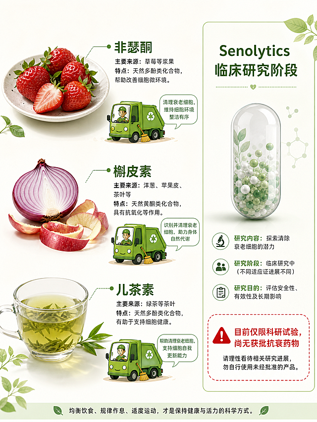 贴近生活的食材科普图解，左侧区域摆放三种富含天然Senolytics的食物：草莓一小碟（标注"非瑟酮"）、半个洋葱和几片苹果皮（标注"槲皮素"）、一杯绿茶（标注"儿茶素"），每种食材旁有绿色清运小卡车图标；右侧一个透明胶囊图标标注"Senolytics临床研究阶段"，旁边标注"目前仅限科研试验，尚无获批抗衰药物"。整体自然清新配色，生活感强，同时保持科学严谨。