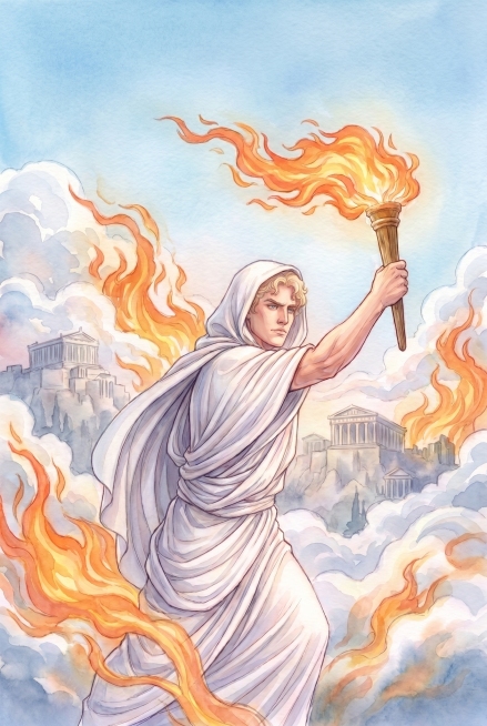 竖版水彩手绘童书封面插画，普罗米修斯，年轻英俊古希腊男神，蓬松卷曲浅金色短发，五官坚毅锐利；身穿兜帽式古罗马托加长袍，厚重垂坠的密集立体褶皱，布料包裹头部，扭转前行的英雄动态，姿态充满力量感；右手高举预览效果