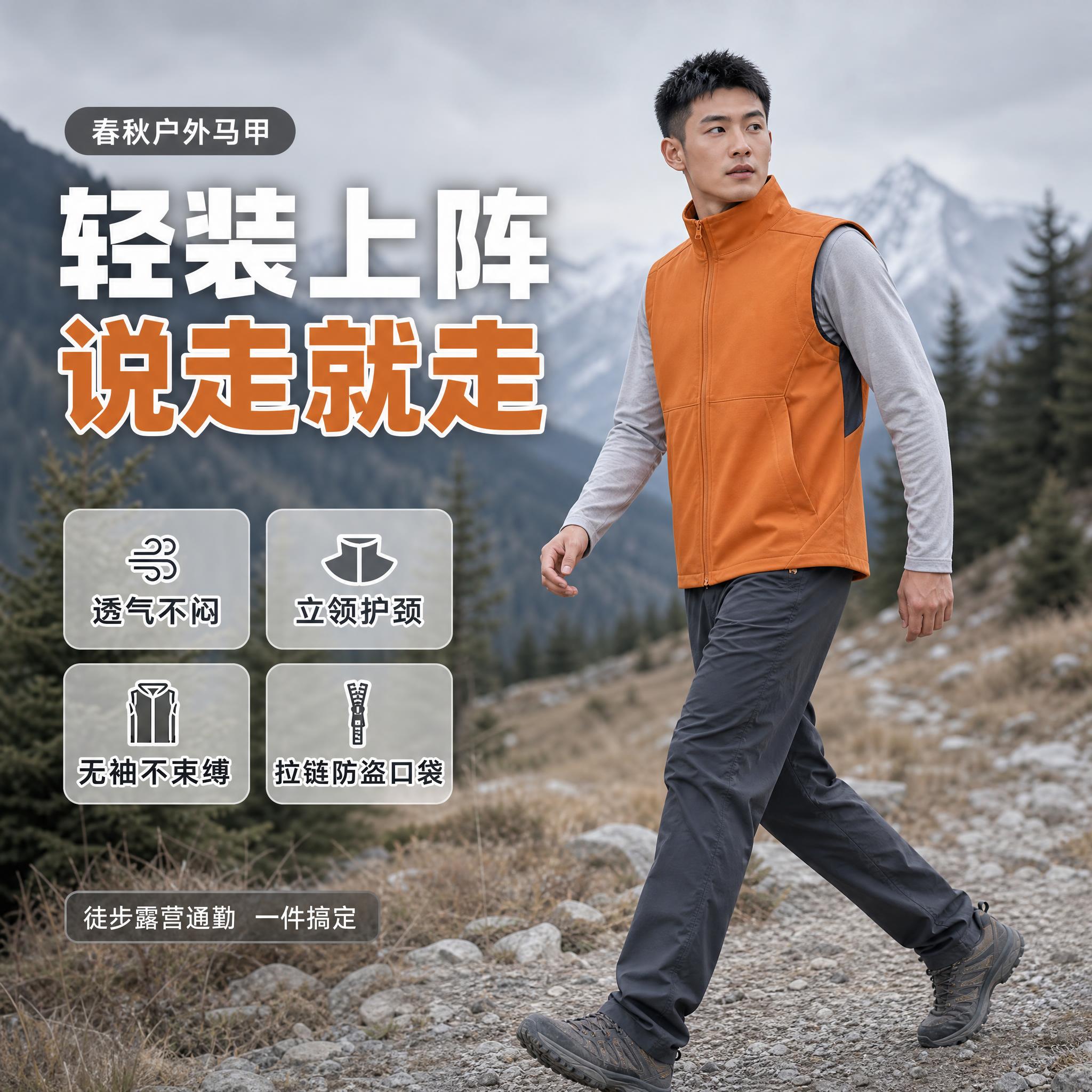 图生图：将原白色影棚背景的焦糖橙/铁锈橙色无袖立领户外马甲，改… - 图片创意预览