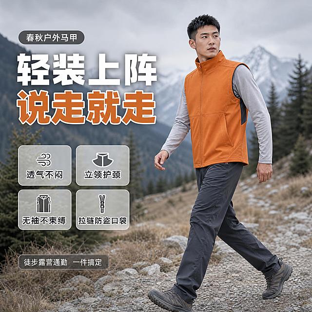 图生图：将原白色影棚背景的焦糖橙/铁锈橙色无袖立领户外马甲，改为一位年轻亚洲男性模特在浅灰户外徒步实景中上身穿着、文案更有吸引力的抖音电商主图。模特约28岁、短发利落、五官清晰、皮肤健康、妆容干净精致，穿焦糖橙马甲、内搭浅灰速干长袖T恤、下装深灰户外长裤和登山鞋，在碎石土路上大步行走、侧身回望，衣摆带自然风感，动作松弛有活力。马甲外观与原商品图严格一致：焦糖橙/铁锈橙色保持原饱和度，不得偏红、偏棕、变暗或换色；哑光细格纹面料肌理、高立领、全长同色拉链、斜插口袋、腋下深灰网眼透气拼接、修身无袖版型，不得变形。构图：模特全身完整入画不裁切、头顶留空，占画面约60%，位于画面右侧；背景为浅灰冷调秋季山林徒步实景，阴天柔光、浅灰天空、远处群山薄雾、松林虚化、碎石土路和枯草，低饱和色彩自然。文字排版要求有冲击力、层次分明：画面左上角为主标题区，第一行超大号粗黑体白字“轻装上阵”，第二行稍小的粗黑体“说走就走”其中“说走就走”四字用焦糖橙高饱和色并带白色描边强调，两行文字上方放一枚小号圆角深灰半透明标签“春秋户外马甲”；左侧中部整齐排布2列×2行共4个统一圆角浅色半透明图标胶囊，白字深灰描边，分别为“透气不闷”“立领护颈”“无袖不束缚”“拉链防盗口袋”，每个配简洁线性小图标，字距舒展、对齐统一；画面左下方放一行小字“徒步露营通勤 一件搞定”，灰色半透明底；所有文字不遮挡模特脸部与马甲主体，不使用厚重色块、不使用平台Logo。整体高级户外编辑风，浅灰、雾灰蓝、冷绿与焦糖橙呼应，柔和自然光，商业摄影质感，景深浅。1:1方形构图，高清，文字边缘锐利无错字。负向：马甲颜色变化、偏色、变形、模特脸部扭曲、多余手指、肢体穿模、人物顶边裁切、文字模糊、乱码、水印、平台角标、背景杂乱、原图白底残留。