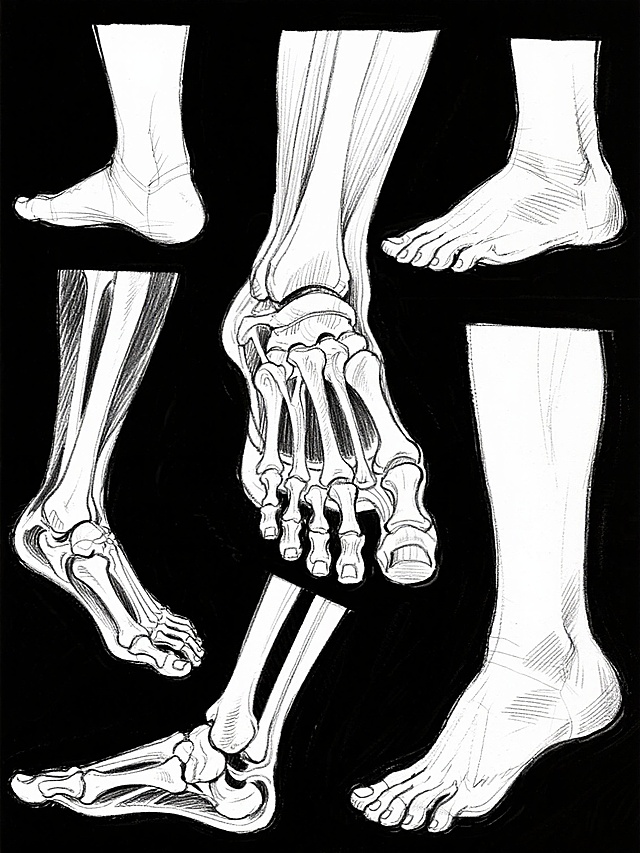 白色背景上，以清晰流畅的黑色线条绘制的多种角度和姿态的足部解剖学素描，包含脚踝、脚掌、脚趾的结构转折与动态变化，线条简洁有力，注重骨骼与肌肉的结构关系，呈现出速写风格的人体足部形态研究集合，具有明确的教学参考性质，画面布局均衡，各足部姿态互不重叠且清晰展示。