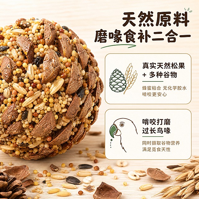 [主图-2] 核心卖点图，突出天然原料制作与磨喙食补二合一的功能价值。
[统一基调] 自然温馨原木风，主背景为浅米白+原木色暖调，辅助色为暖棕、燕麦黄，强调色为森林绿，卡片为米白圆角轻描边，图标为细线条原木风，标题为圆润粗黑体深棕色，辅助文字为浅棕细体，整体干净温暖有呼吸感。
[画面] 画面左侧为松果谷物球的放大特写，占画面约50%，清晰展示真实天然松果鳞片、多种谷物颗粒（小米、燕麦、苏子等）饱满镶嵌的细节，蜂蜜粘合的自然光泽。右侧上下排列两个圆角信息卡片，上方卡片配松果+谷穗小图标，下方卡片配鹦鹉喙部侧面简笔画图标。背景为浅米白带有极淡的木纹肌理，底部散落少量真实谷物和松果鳞片作为装饰元素，增加自然真实感。
[光影质感] 柔和顶光+侧光，松果鳞片和谷物颗粒有清晰的立体感和材质差异，蜂蜜粘合处有温润的微光泽，整体真实自然，商业微距摄影质感。
[配色] 主背景浅米白淡木纹，产品本身的棕、黄、褐色系为主，森林绿图标点缀，标题深棕色，卡片米白圆角细棕边。
[文字版式] 右上角大标题"天然原料 磨喙食补二合一"。右侧上方圆角卡片内文字"真实天然松果 + 多种谷物"，下方小字"蜂蜜粘合 无化学胶水 啃咬更安心"。右侧下方圆角卡片内文字"啃咬打磨过长鸟喙"，下方小字"同时摄取谷物营养 满足觅食天性"。文字左对齐，层级分明，圆润字体。
[输出要求] 1:1正方形800*800，产品细节清晰，文字清晰可读，自然真实感，禁止变形、错字、模糊、杂乱、水印、平台Logo。