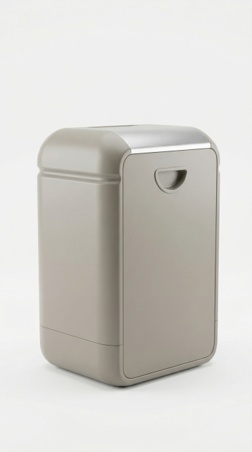 生成当前图中这款垃圾桶的侧前方正视图，保持产品原有的浅灰色材质、半圆形内凹把手和整体造型，将产品放置在平面上，背景改为干净简洁的纯白色，去除原有客厅绿植和家具，保持产品结构完整预览效果