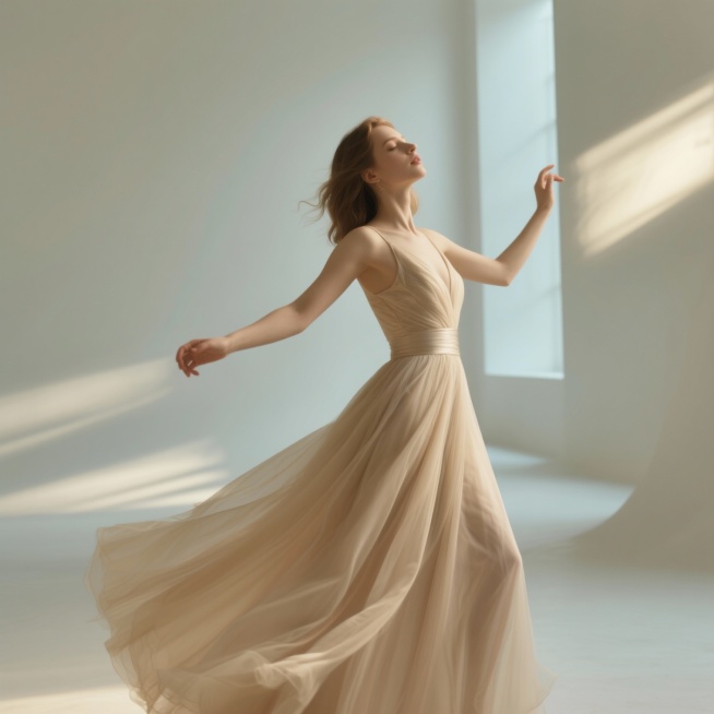 一位欧洲年轻女性模特，身着高级感礼服，背景简约高级，远景画面，姿态唯美，动静结合，展现舒展与活力之美预览效果