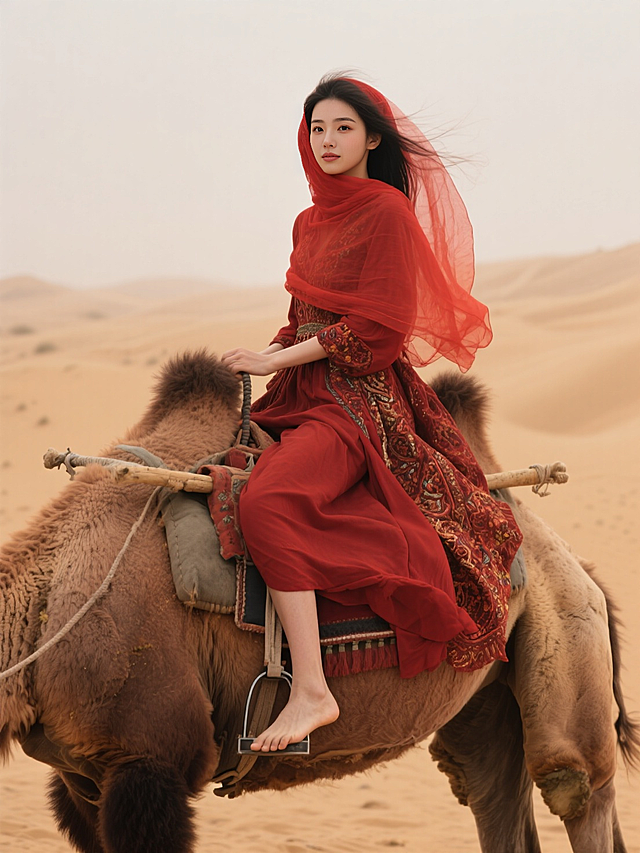 沙漠驼影，红衣女子尽显民族古典美，刺绣服饰增添国潮风韵。