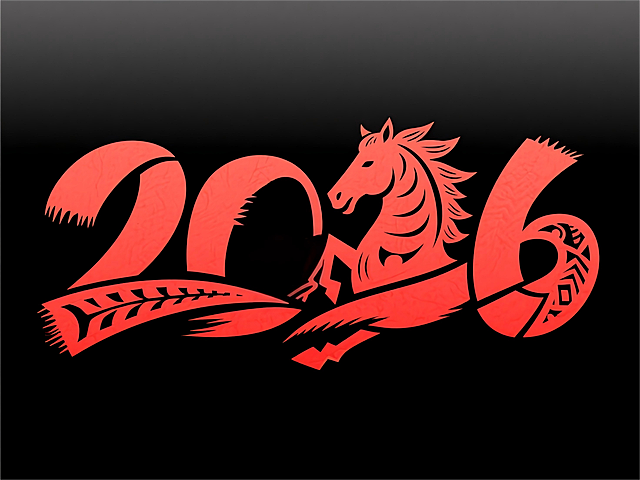 “2026”红色剪纸艺术字，数字笔划融入一匹马匹纹样装饰，四个数字必须清晰可辨，黑底