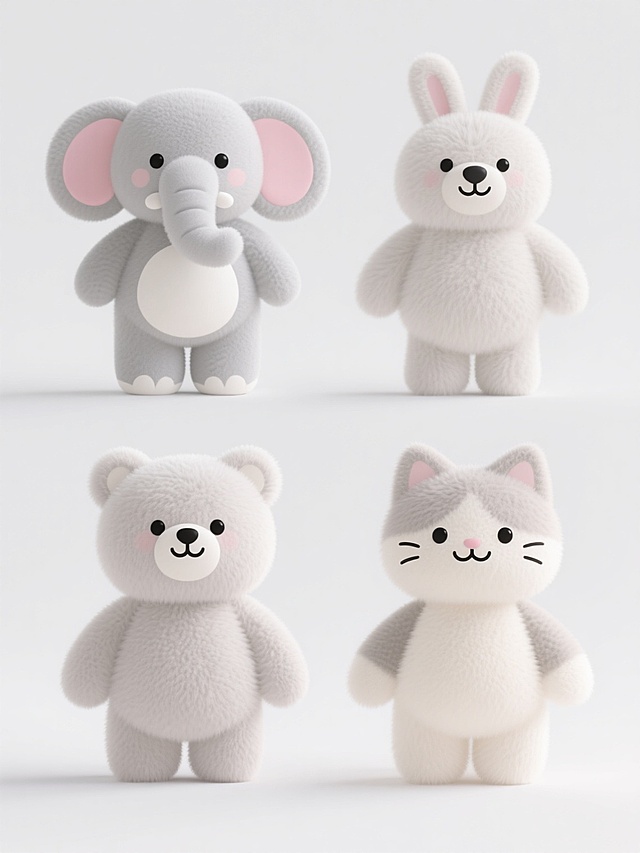 3D渲染风格，四只不同造型的可爱毛绒玩偶呈2x2规整网格排布，保持简约现代的整体造型，背景为纯白色，无任何文字、logo和水印。每个玩偶均具有柔软的短绒毛质感，色彩搭配柔和明快，包括浅灰色大象玩偶（带有粉色内耳和白色腹部）、其他不同种类的动物玩偶（如小熊、小兔、小猫等），每个玩偶都有圆润的轮廓、黑豆般的眼睛和微笑的表情，光线均匀柔和，营造出温馨可爱的氛围，整体画面干净整洁，信息传达直接清晰。