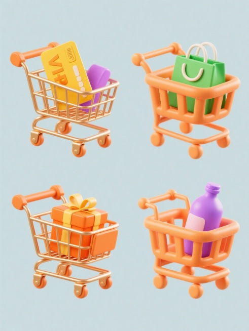 一套4个规整排布的电商营销素材，每个素材主体为不同造型样式的购物车，保持3D立体风格，采用橙色金属质感购物车搭配多彩物品（黄色VIP卡片、橙色礼盒、绿色购物袋、紫色瓶子等），圆润边角设计，明亮柔和光影，高光细节丰富，纯色背景，整体造型简约现代，无任何文字、logo和水印，营造欢快活泼的电商购物氛围。预览效果