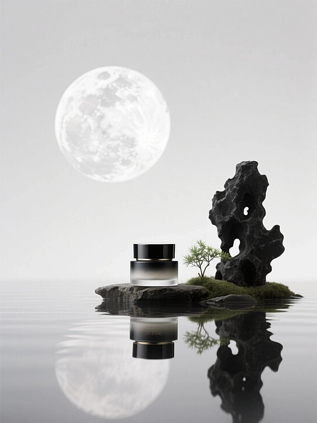 一瓶晚霜特写，后方一个大圆月，倒影，黑色太湖石、小株绿植，东方意境