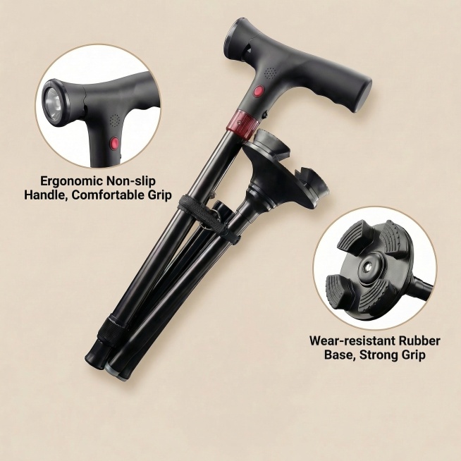 以提供的拐杖细节图为基础，去除底部的“Quick Folding Lock, Easy to Operate”英文文字，同时去掉对应的折叠卡扣圆形特写图，其余内容保持完全不变：浅米色背景，左上角手柄特预览效果