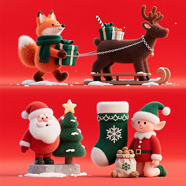 4个圣诞元素，上下两行对齐排列。1.戴深绿法兰绒围巾的小狐狸，爪捧堆叠系墨绿缎带的圣诞礼盒，正踏过薄雪 | 2. 墨棕驯鹿挂银链项圈，奋力拉载满深绿与乳白礼盒、插薄荷棒的雪橇，蹄边溅起细雪
3圣诞老人踮脚踩石墩，将星星挂在缀松针的冷杉树顶 | 4. 棉帽精灵蹲跪，在饰深绿织花边、雪花刺绣的巨型粗布圣诞袜旁，摆放装坚果的布罐。红色背景。
