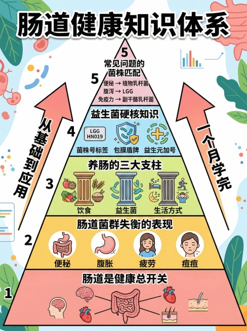 信息图风格插画，五层金字塔结构展示“肠道健康知识体系”。第一层（底部）标注文字“肠道是健康总开关”，搭配图标：肠道与心脑皮肤连接。第二层标注文字“肠道菌群失衡的表现”，搭配四个图标：便秘、腹胀、疲劳、预览效果