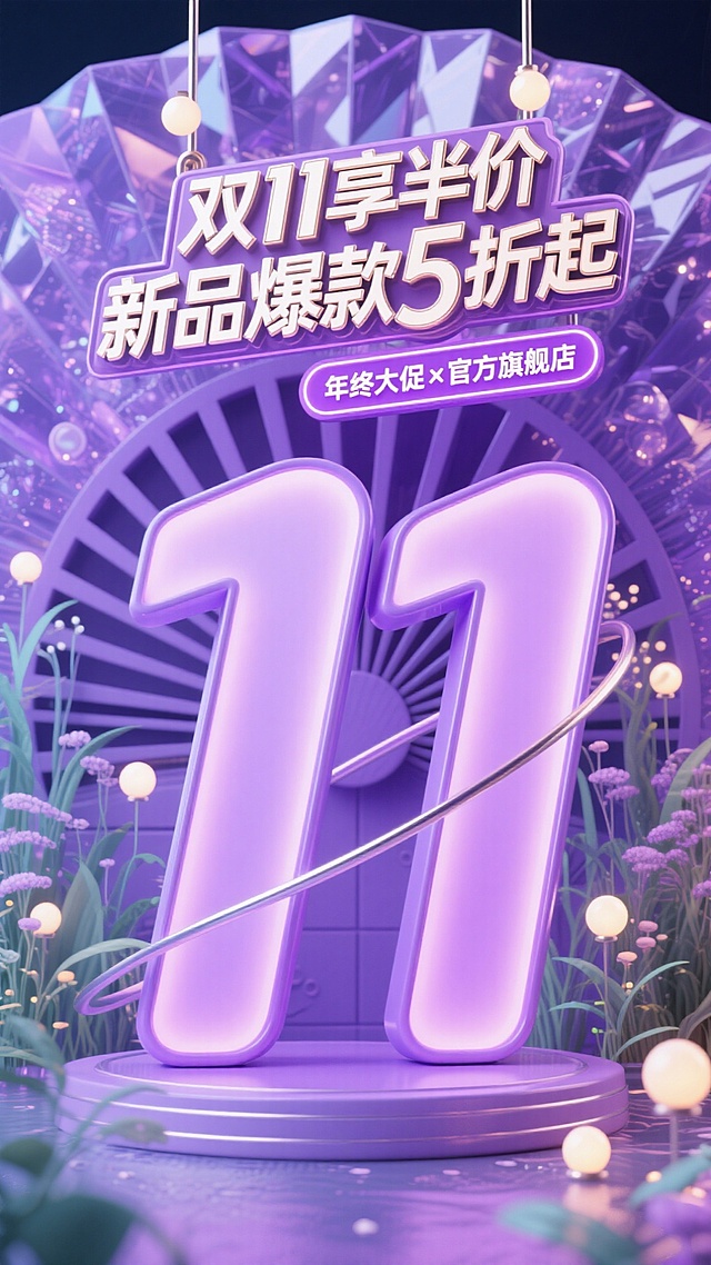淡紫色调，画面以巨型紫色 “11” 装置为视觉核心，上方悬挂 “双11享半价 新品爆款5折起” 立体标题牌，搭配紫色灯牌标注 “年终大促x官方旗舰店”。背景为紫色水晶扇面结构，搭配水草、灯球等元素。