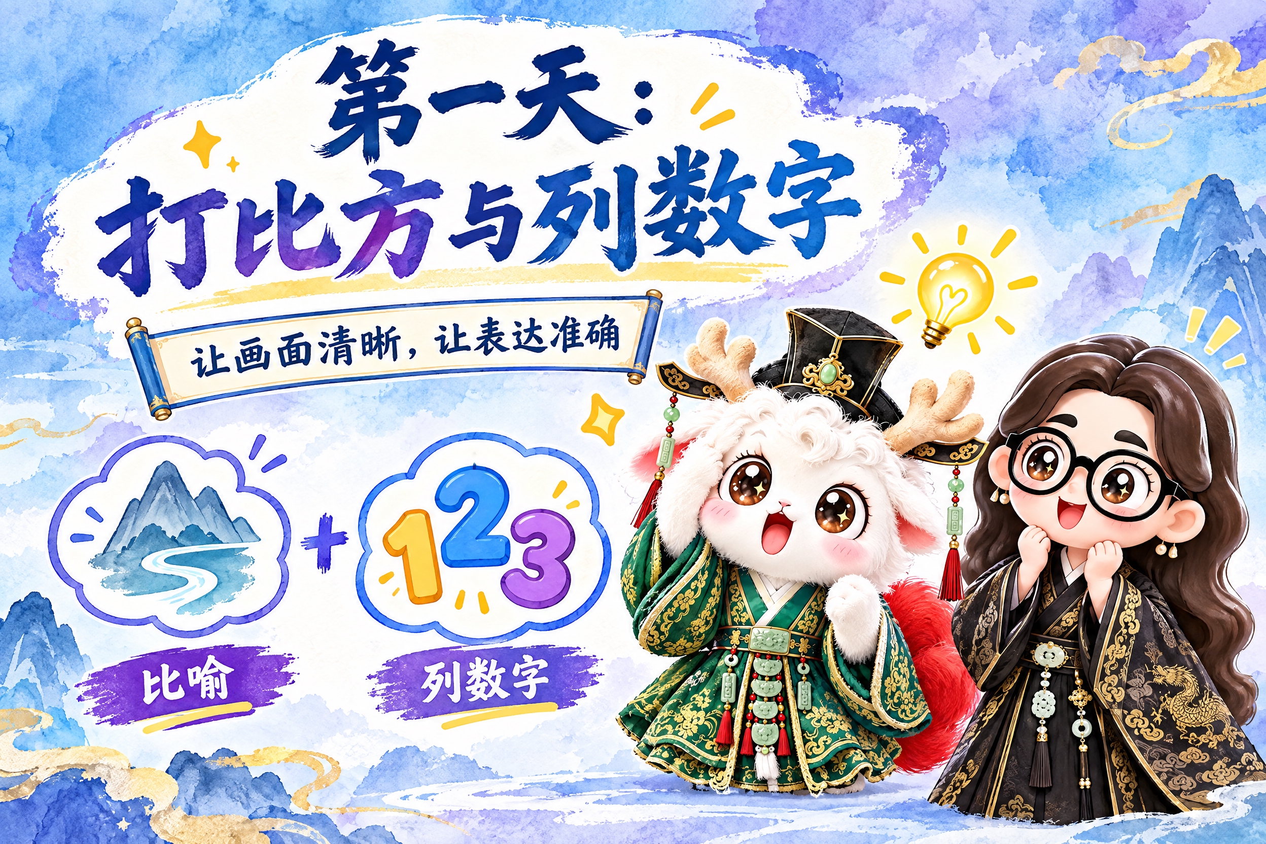 横版6寸比例的课程标题页设计，大标题为"第一天：打比方与列数字… - 图片创意预览