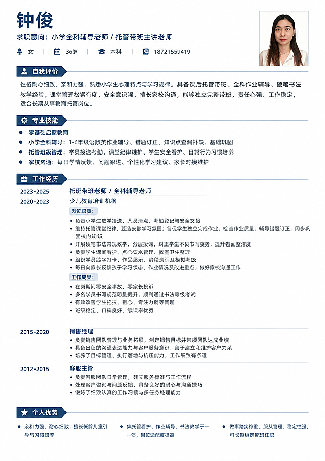 一份简约专业风格的A4竖版求职简历设计，白色背景，整体干净清爽、专业大方，适合教育行业求职。右上角放置一张穿白色衬衫的长发女性证件照，矩形边框。

顶部左侧为个人信息区：
- 大号加粗姓名"钟俊"，下方小字标注"求职意向：小学全科辅导老师 / 托管带班主讲老师"
- 基本信息一行排列，配小图标："女 | 36岁 | 本科 | 18721559419"

简历分为以下几个模块，每个模块有深蓝色小标题栏，内容左对齐，排版精美，信息层次分明：

【自我评价】模块：
性格耐心细致、亲和力强，熟悉小学生心理特点与学习规律。具备课后托管带班、全科作业辅导、硬笔书法教学经验。课堂管理松紧有度，安全意识强，擅长家校沟通，能够独立完整带班，责任心强、工作稳定，适合长期从事教育托管岗位。

【专业技能】模块：
· 零基础启蒙教育
· 小学全科辅导：1-6年级语数英作业辅导、错题订正、知识点查漏补缺、基础巩固
· 托管班级管理：学员接送考勤、课堂纪律维护、学生安全看护、日常行为习惯培养
· 家校沟通：每日学情反馈、问题跟进、个性化学习建议、家长对接维护

【工作经历】模块（按时间倒序排列）：

2023-2025  托班带班老师 / 全科辅导老师
2020-2023  少儿教育培训机构
岗位职责：
· 负责小学生放学接送、人员清点、考勤登记与安全交接
· 维持托管课堂纪律，营造安静学习氛围；督促学生独立完成作业，检查作业质量，辅导错题订正，同步巩固校内知识
· 开展硬笔书法常规教学，分层授课，纠正学生不良书写姿势，提升卷面整洁度
· 负责学生课间看护、点心饮水管理、教室卫生整理
· 组织学员练字打卡、作品展示、阶段测评及模拟考级
· 每日向家长反馈孩子学习状态、作业情况及改进重点，做好家校沟通工作

工作成果：
· 在岗期间零安全事故、零家长投诉
· 多名学员书写规范明显提升，顺利通过书法等级考试
· 有效改善学生拖拉、粗心、专注力弱等问题
· 班级稳定、口碑良好、续课率优秀

2015-2020  销售经理
· 负责销售团队管理与业务拓展，制定销售目标并带领团队达成业绩
· 具备出色的沟通表达能力与客户服务意识，善于建立和维护客户关系
· 培养了目标管理、执行落地与抗压能力，工作细致有条理

2012-2015  客服主管
· 负责客服团队日常管理，建立服务标准与工作流程
· 处理客户咨询与问题反馈，具备良好的耐心与沟通技巧
· 锻炼了细致认真的工作习惯与多任务处理能力

【个人优势】模块：
· 亲和力强、耐心细致，擅长低龄儿童引导与习惯培养
· 集托管看护、作业辅导、书法教学于一体，岗位适配度极高
· 做事踏实稳重、服从管理、稳定性强，可长期稳定带班任职

设计风格：极简留白，深蓝色(#1a365d)作为主色调点缀，浅灰色分割线，字体清晰易读，左右边距舒适，版式精美。整体气质温和专业、亲和力强，符合教育托管行业形象。右上角证件照中的人物为穿白色衬衫的长发亚洲女性。