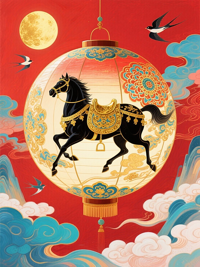 主体是球形宫灯（灯面上绘制披挂鎏金华丽鞍具的黑色奔马图腾和宝相花纹），背景为正红底 + 金色满月，点缀飞燕元素，色调以红、金、青蓝为主