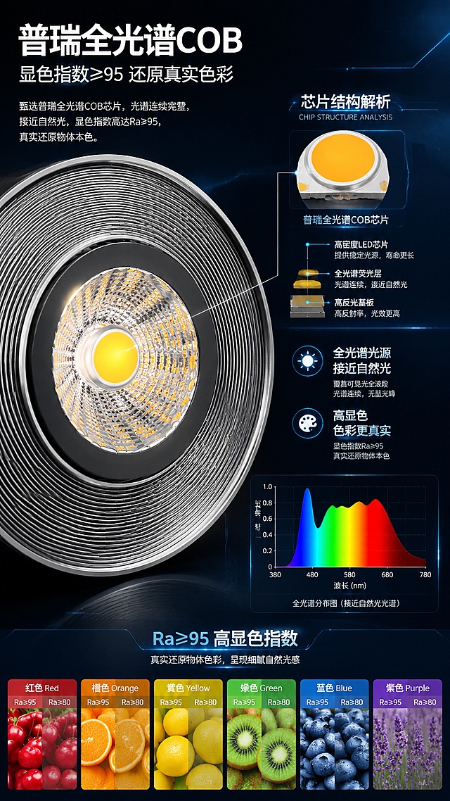 [第4屏] 光源芯片解析页-普瑞全光谱COB芯片与显色指数卖点。本屏使用【图1】作为产品灯头特写主体，放大展示内部COB灯珠与防眩格栅结构，产品灯头内部结构与输入图一致。
[氛围/风格] 科技专业风，光学解析感，精密工业质感，理性高级。
[元素布局] 画面左侧约50%为灯头放大特写，展示内部黄色COB芯片、反光杯纹理与环形防眩格栅；右侧约50%为芯片结构解析区，有放大的COB芯片示意图与光谱曲线图；背景为深蓝色科技感渐变，点缀细微光点与光线线条；底部有显色指数Ra≥95的色卡对比条。
[光影质感] 灯珠发出明亮暖白光，芯片区域高光突出；整体冷色调科技光感，产品金属边缘有锐利高光，科技感强。
[配色色系] 全局底色深蓝渐变#1A2332；主色镍色金属+暖黄灯光；辅助色科技蓝、白色数据线条；点缀色橙黄色芯片高亮。
[视角构图] 灯头正面特写放大，左右构图，阅读动线左侧产品特写→右侧结构解析→底部色卡验证。
[文字版式] 版式为左产品特写+右解析文案+底部色卡。主标题「普瑞全光谱COB」，副标题「显色指数≥95 还原真实色彩」，白色粗体左对齐；右侧分两点说明「全光谱光源 接近自然光」「高显色 色彩更真实」，配简约图标；底部横向色卡条标注「Ra≥95」，展示红橙黄绿青蓝紫多色对比；文字层级清晰，专业感强。
[比例分辨率] 9:16竖版比例，4K分辨率，文字清晰可辨，高清画质。
[负向提示词] 产品结构错误，灯珠变形，水印，文字错乱，文字过小，光谱图虚假夸张，颜色偏差。