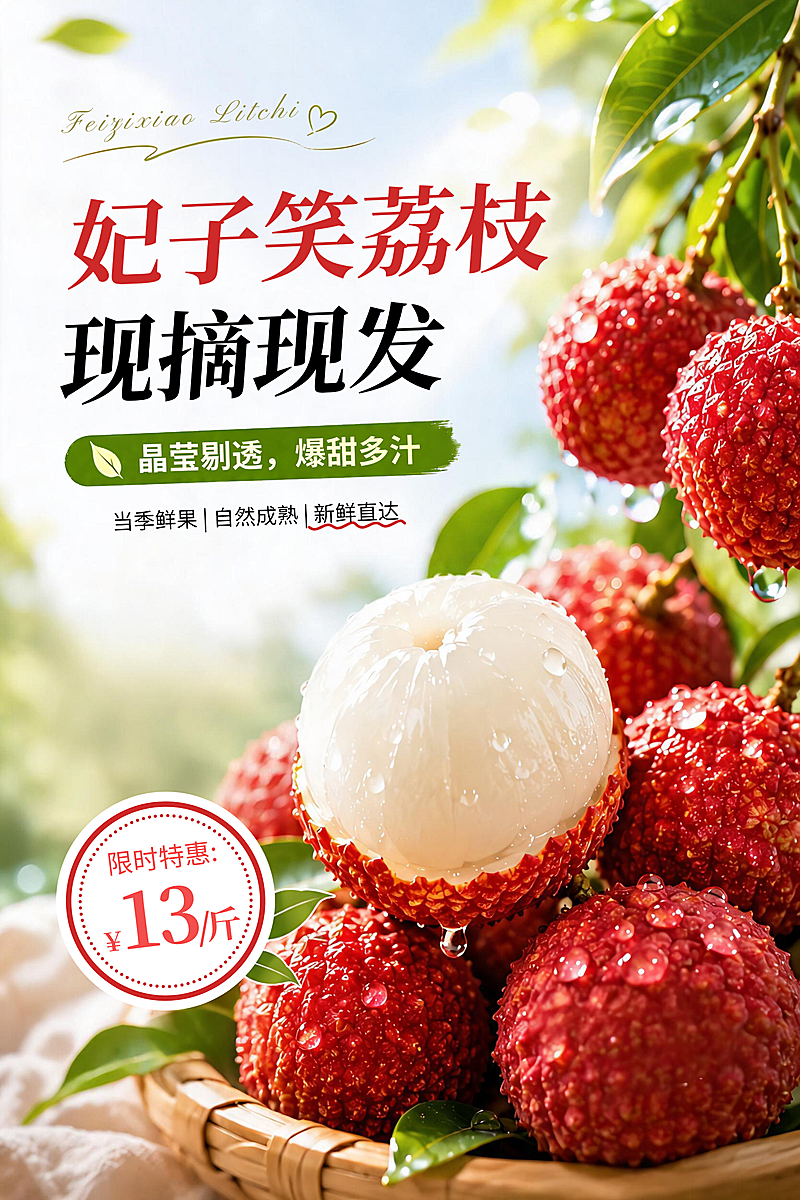 妃子笑荔枝促销宣传清新实景风竖版海报
