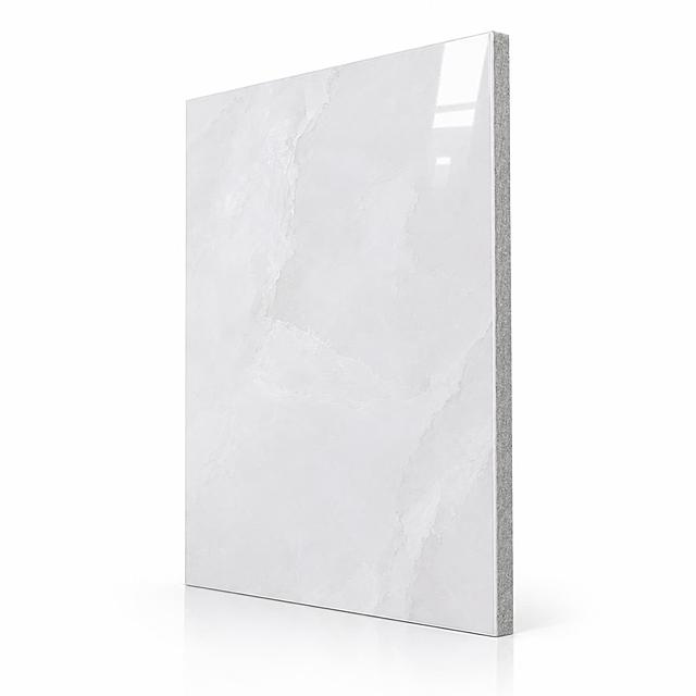 产品摄影，一块宽1220mm高2420mm的聚酯纤维吸音板，正面完全平贴着亮面大理石纹墙纸（参考图1的浅白玉大理石纹理，高光亮面质感，表面有真实的光泽反射和细腻纹理），板材厚度9mm，侧面为浅灰色聚酯纤维材质（参考图3的侧面质感和厚度比例），整体板材不要太厚，呈45度斜角视角展示，能同时看到正面大理石亮面和侧面厚度，放置在干净的白色背景中，柔和均匀的专业影棚光线，真实材质质感，高清细节，商业产品摄影风格