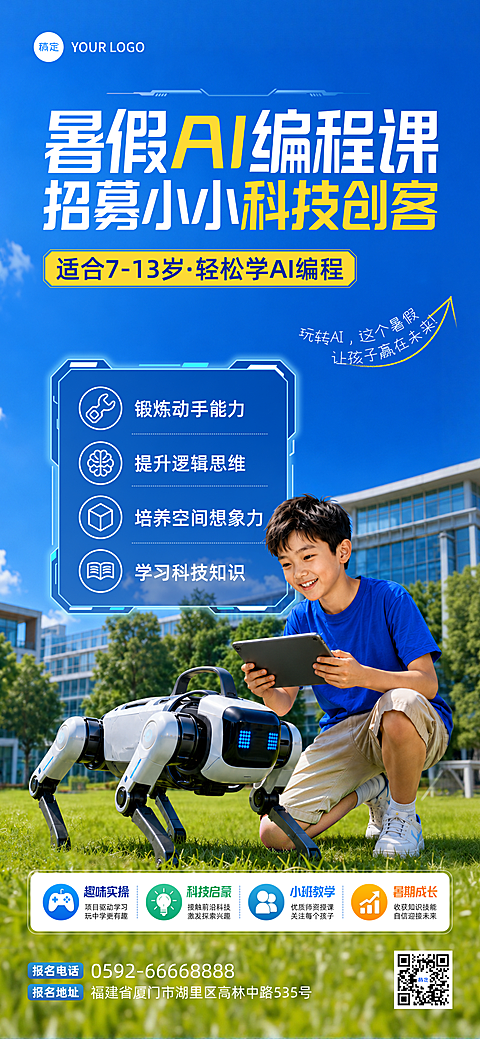 教育培训AI编程课程营销全屏竖版海报AIGC#机器狗#AI培训#暑假班#少儿编程#科技创客#报名暑假班