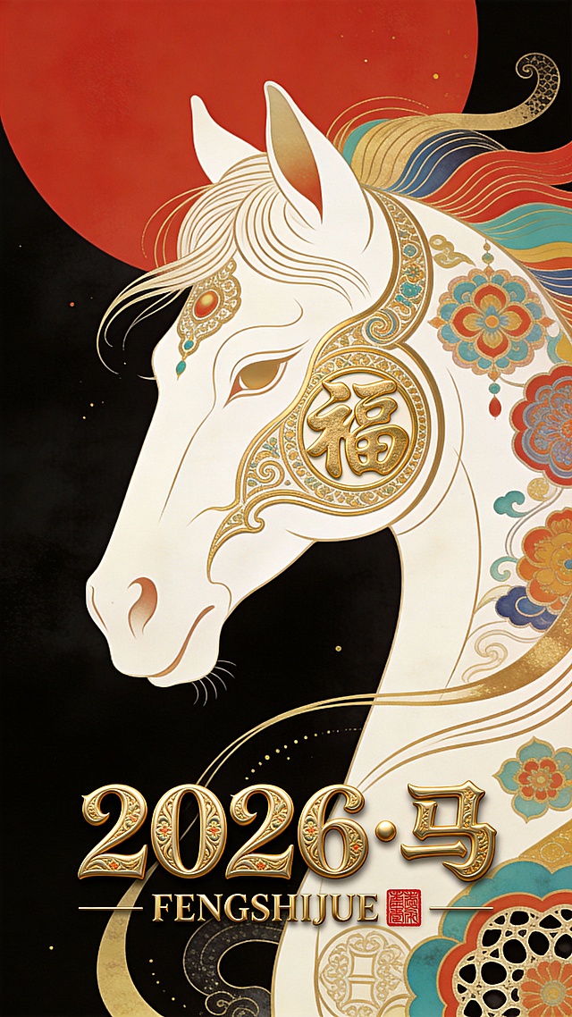 国潮风工笔马首，鎏金浮雕纹饰，刺绣花案点缀，红日映衬，福字点睛，古典喜庆，尽显中式民族韵味。