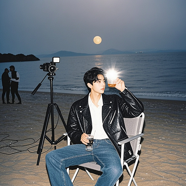 男生，沙滩，阳光，噪点 有质感