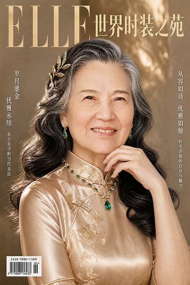 中国高端时尚杂志封面，50岁优雅东方女性，保留参考图的人脸特征，半身照。大波浪卷发造型，佩戴金色叶片发饰，祖母绿宝石项链与耳坠，身穿香槟金色缎面旗袍，身体侧对镜头面部正对镜头，手轻托下巴。杂志封面顶部有大字号杂志名称"ELLE 世界时装之苑"，人物左侧有竖排小字标题右对齐，人物右侧有竖排小字标题左对齐，左下角有标准ISBN书号条形码。奢侈典雅风格，影棚柔光，高级质感，高清杂志封面画质