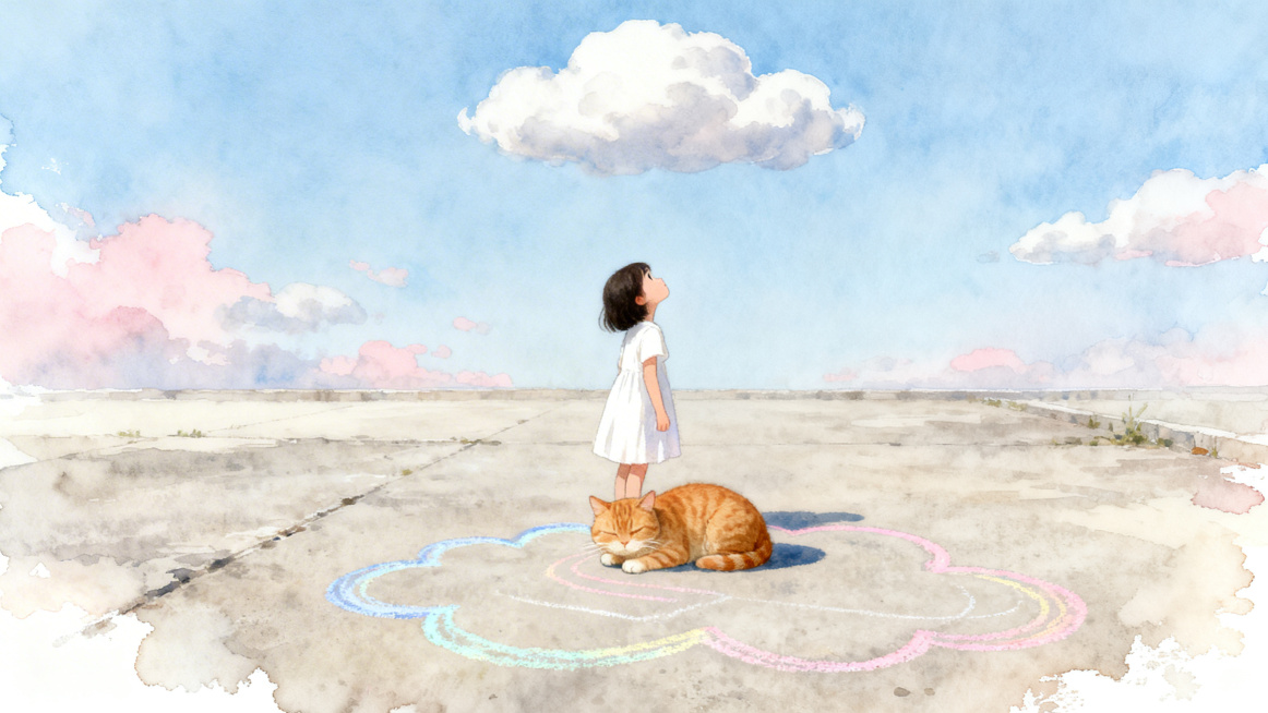 小女孩仰头看着天空中的云朵，脚下蹲着一只慵懒的橘猫，彩色粉笔在水泥地上画出云和猫的简笔画，整体为清新水彩风格，光影柔和氛围清新预览效果