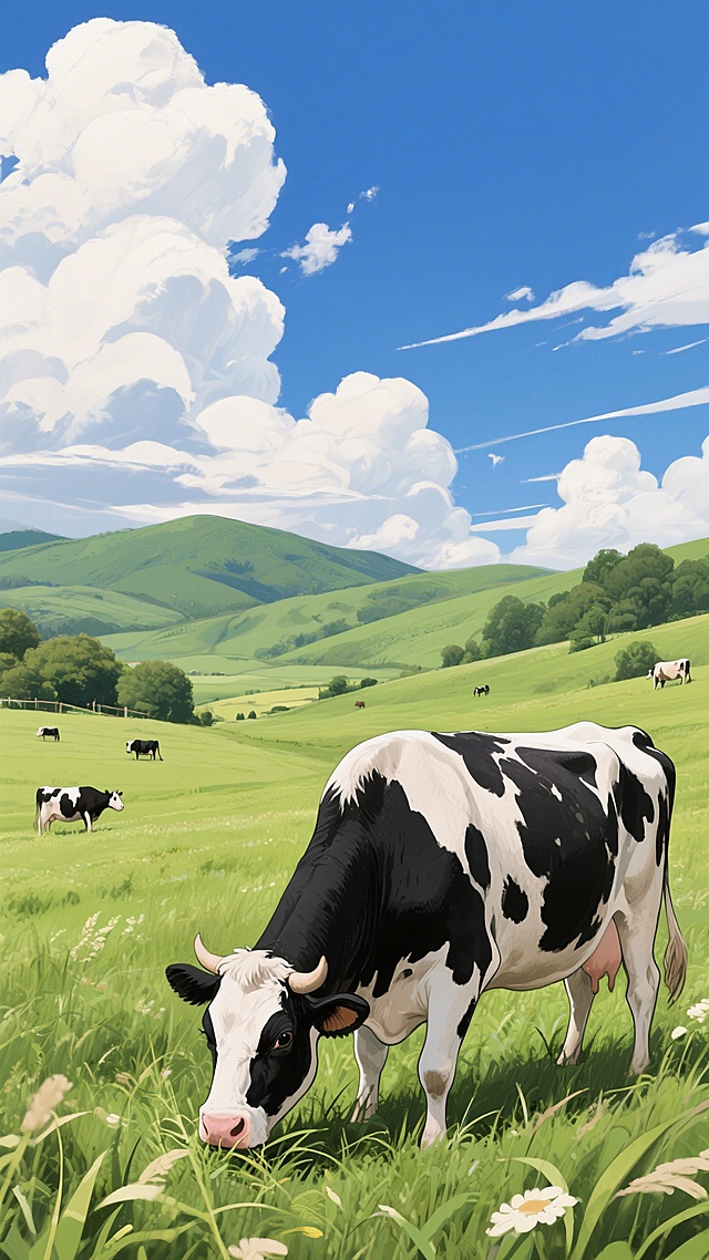 清新自然的插画风田园场景，奶牛悠然吃草，水彩质感渲染柔和光影，营造出舒适唯美的虚拟自然氛围。